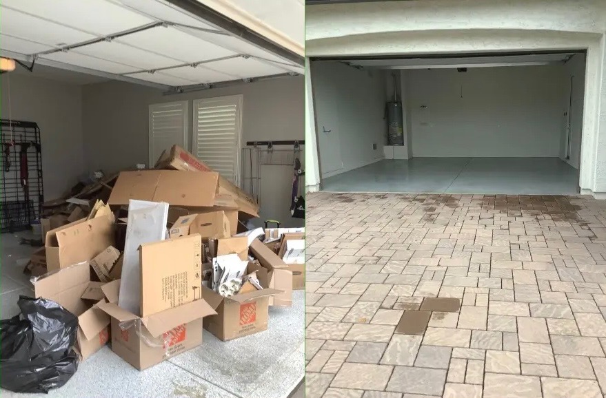 Garage cluttered with boxes and bulk items before removal, and the same garage clean and empty after our crew finished